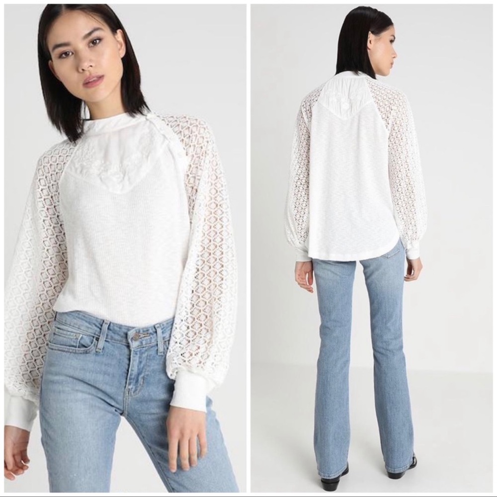 Free People Sweetest Thing Thermal Top size M Lace Balloon Sleeve in White